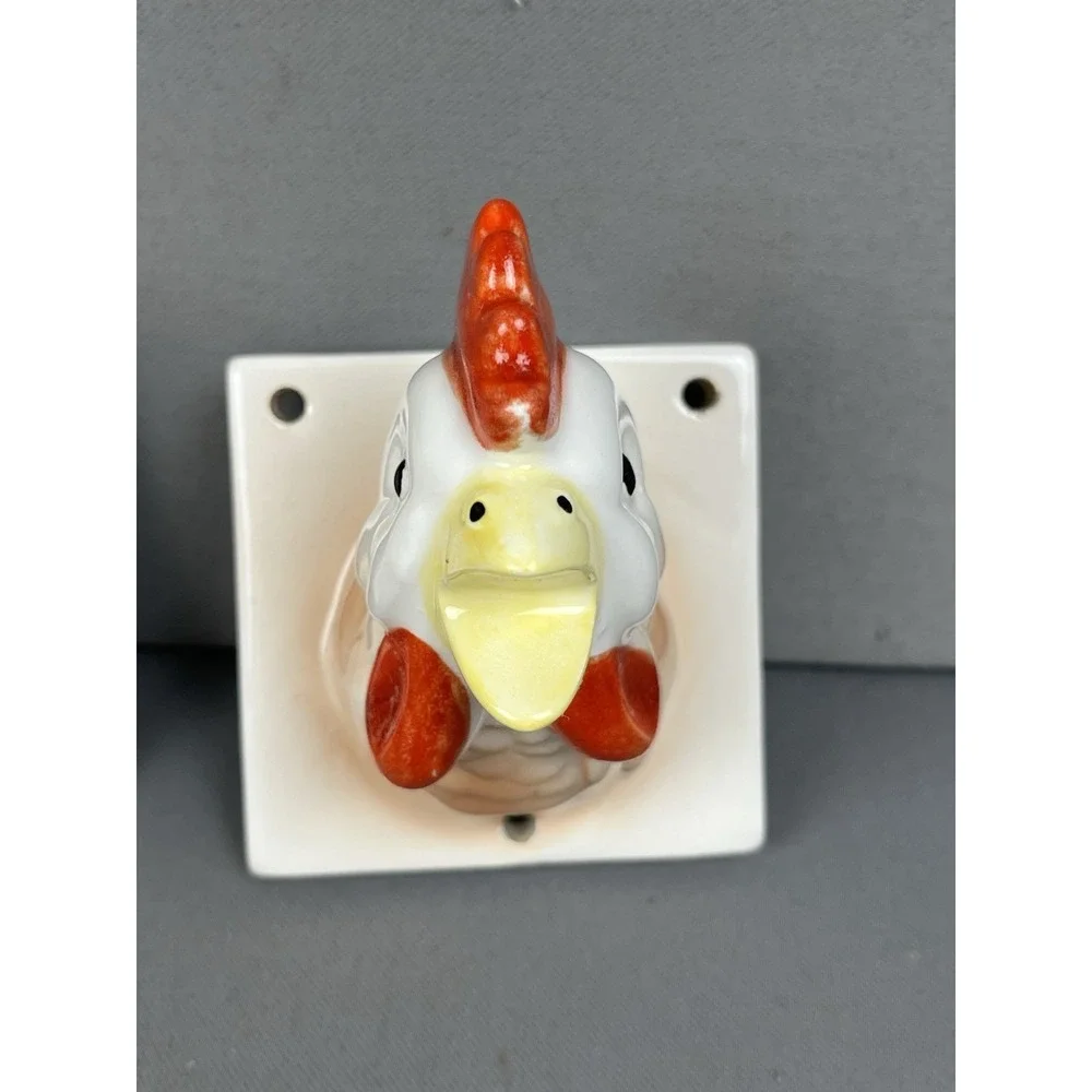 Vintage Ceramic Apron Towel Hook Holder Lot 2 Piece Chicken Duck Head & Hardware